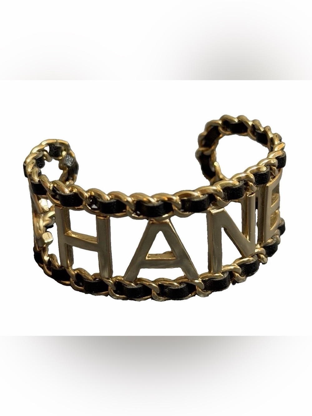 Chanel B15V 2015 Runway Leather Chain Open Bangle Cuff Bracelet